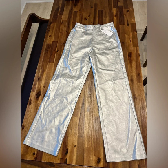 WAYF Luxury Metallic Silver High Rise Vegan Leather Pants Size Small - Picture 4 of 13